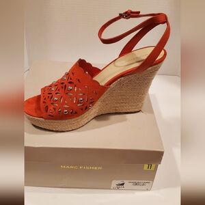 Marc Fisher Hata Women's Orange Suede Wedge Sandals 11M New!